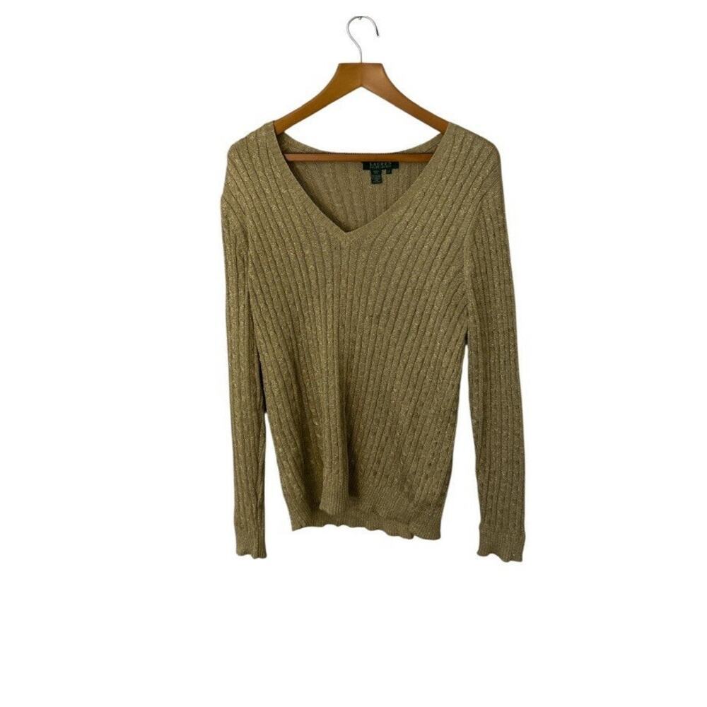 Lauren‎ Ralph Lauren Metallic Gold Foil Cable Knit Pullover Sweater V Neck Sz 2x